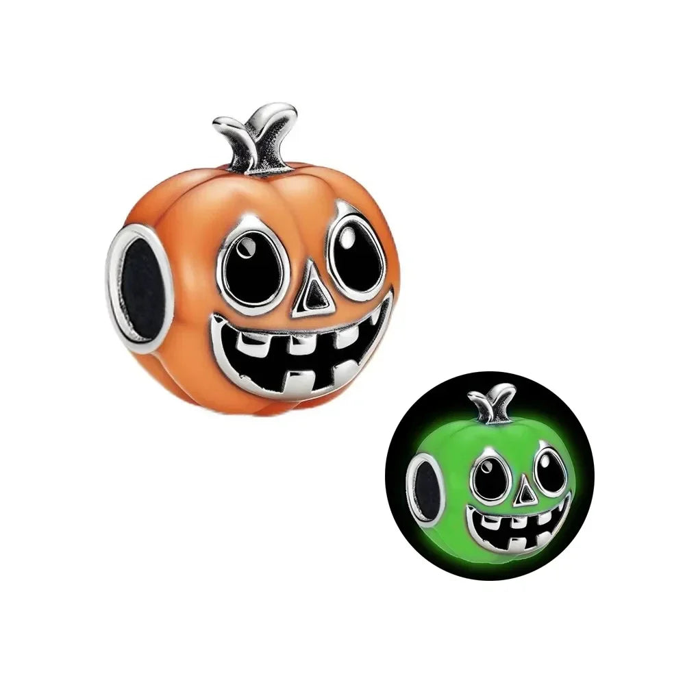 925 Silver Original Yellow Luminous Pumpkin Cart Halloween Ghost Heart Charms Beads Fit Bracelet Jewelry Diy Women Birthday Gift