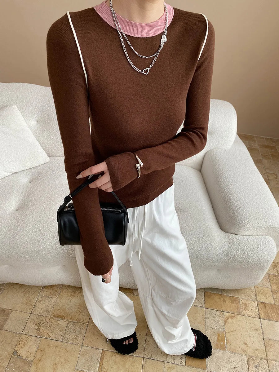 Autumn color palette design, contrasting colors, front shoulder streamlined, slim fit, slimming effect, base knit sweater