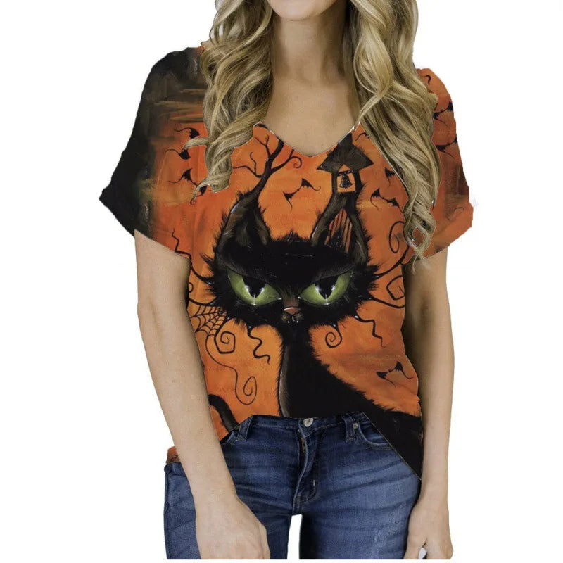 Halloween Cat Ghost 3D Print T-Shirts Women Casual V-Neck Short Sleeve T Shirt Y2k Tops Harajuku Oversized Tees Woman Clothing