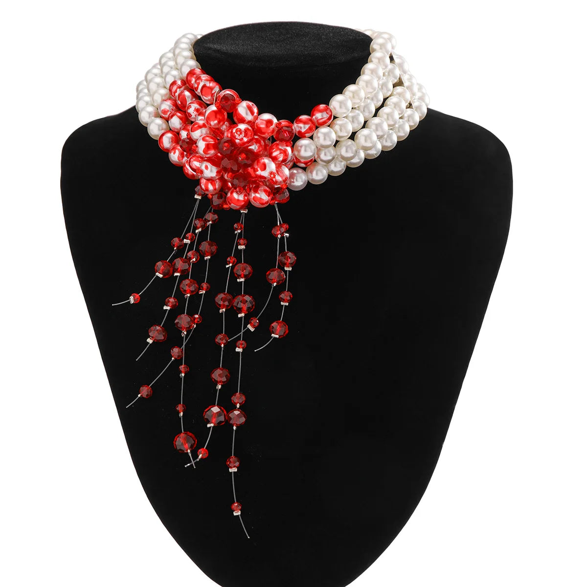 Multilayer Vintage Red Blood Pattern Imitation Pearl Tassel Pendant Necklace for Women Goth Crystal Bead Chain Halloween Jewelry
