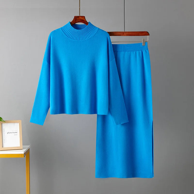 Autumn Women Split Knitted Skirt Suit Fashion Casual Loose Sweater Long Skirts 2 Piece Set Women Outifits Elegant Winter NS5967