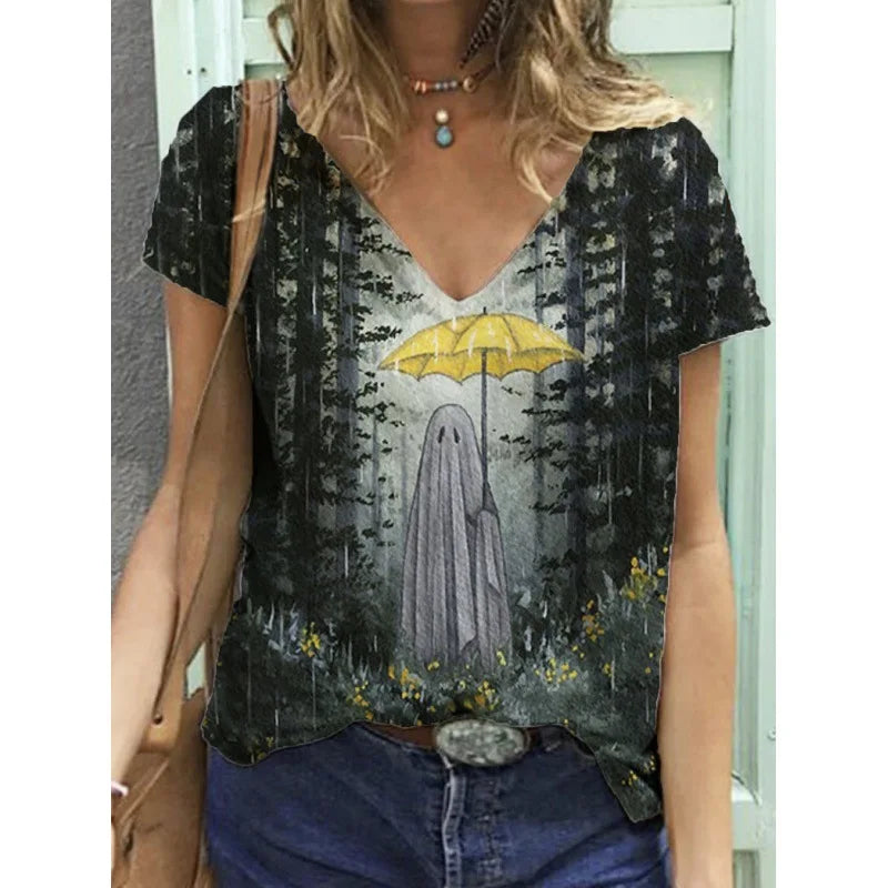 Halloween Cat Ghost 3D Print T-Shirts Women Casual V-Neck Short Sleeve T Shirt Y2k Tops Harajuku Oversized Tees Woman Clothing