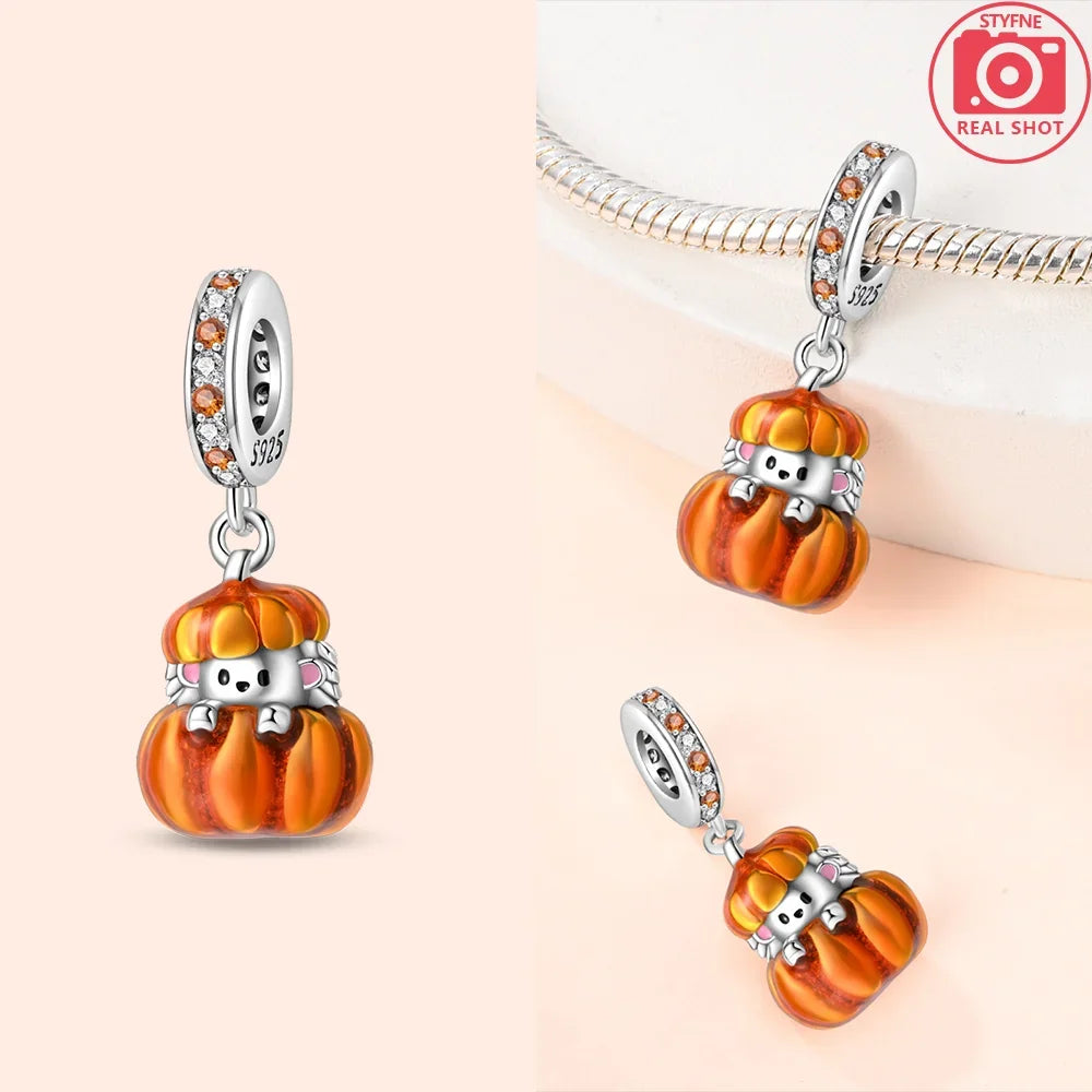 925 Silver Original Yellow Luminous Pumpkin Cart Halloween Ghost Heart Charms Beads Fit Bracelet Jewelry Diy Women Birthday Gift