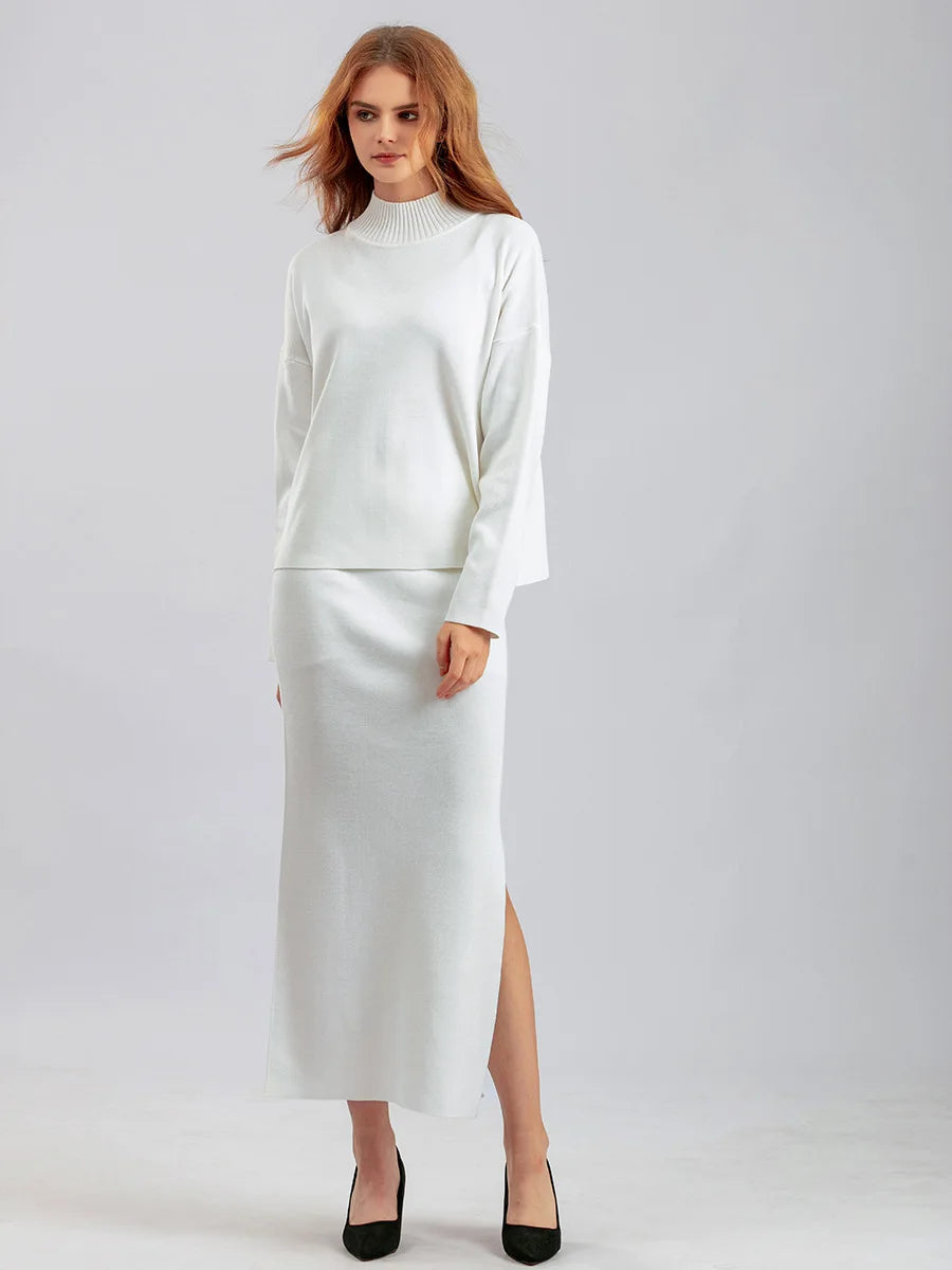Autumn Women Split Knitted Skirt Suit Fashion Casual Loose Sweater Long Skirts 2 Piece Set Women Outifits Elegant Winter NS5967