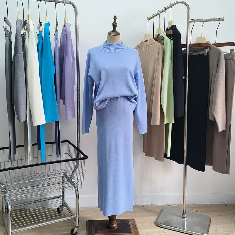 Autumn Women Split Knitted Skirt Suit Fashion Casual Loose Sweater Long Skirts 2 Piece Set Women Outifits Elegant Winter NS5967