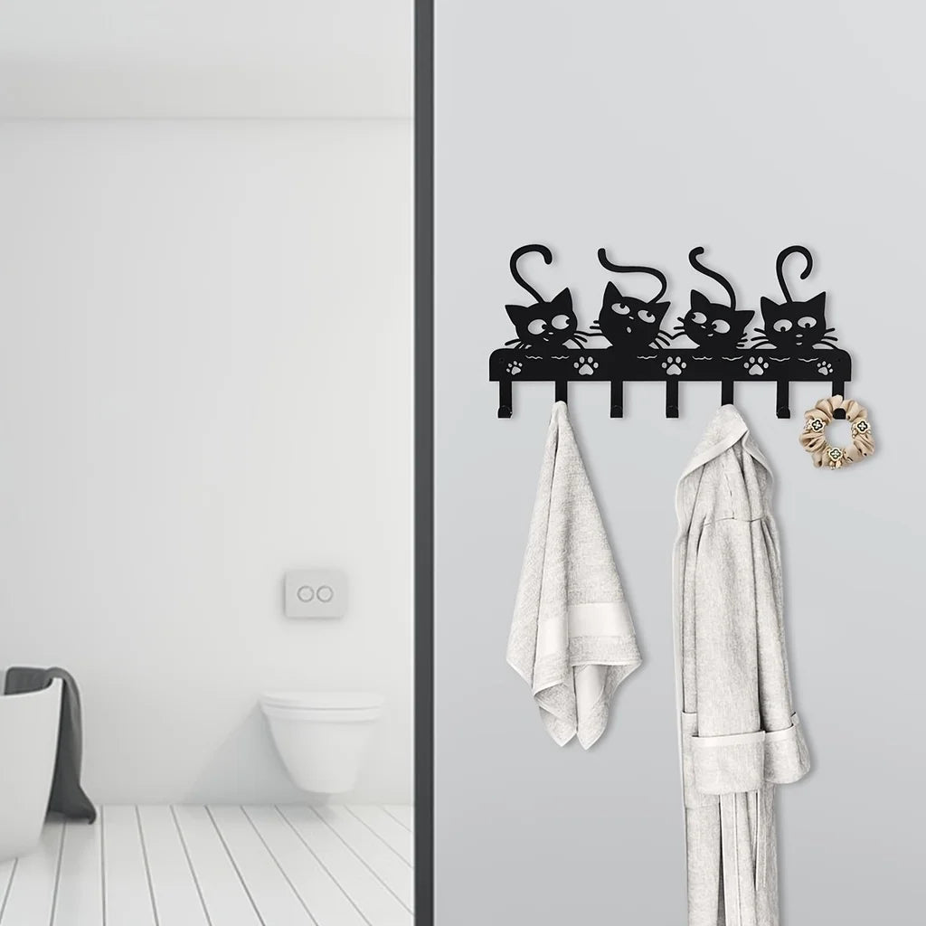 CIFBUY Black Cats Wall Hooks Key Holder Halloween Cats Decorative Hooks Rack Hangers Iron Hook Wall Mounted Hooker With 7 Hooks