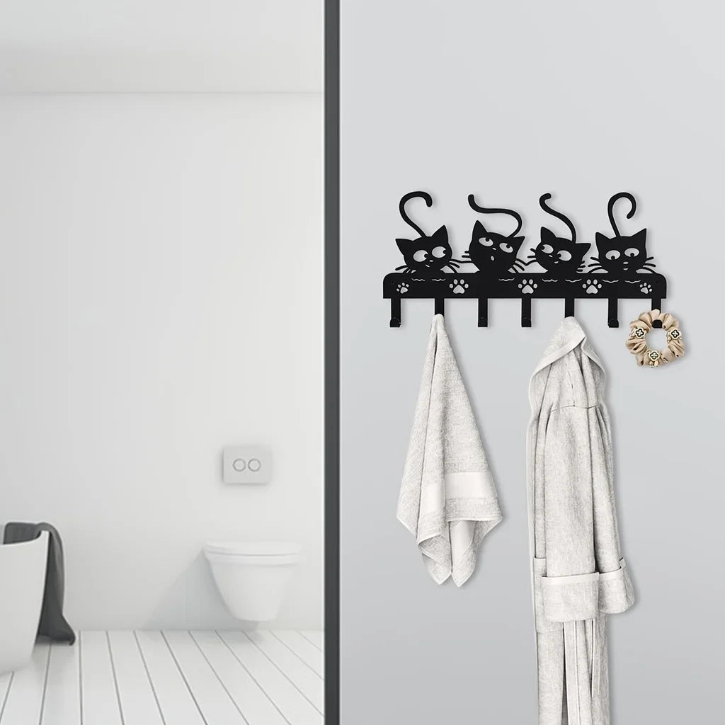 CIFBUY Black Cats Wall Hooks Key Holder Halloween Cats Decorative Hooks Rack Hangers Iron Hook Wall Mounted Hooker With 7 Hooks