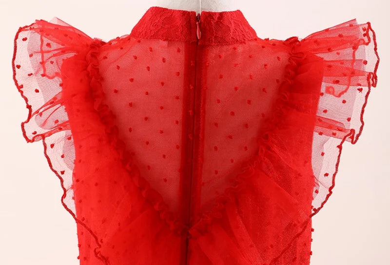 Lydia Deetz Red Horror Ghost Bride Cosplay Dress Girls Tulle Gown+Veil+Gloves For Kids Halloween Christmas Party Dress Up 3-14Y