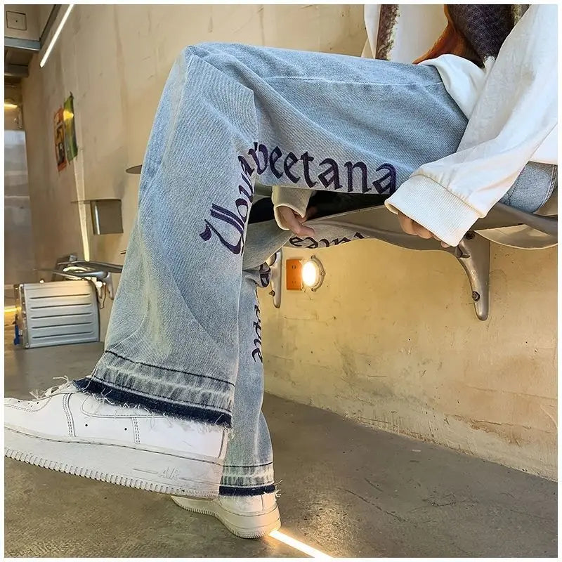 2025 European Men's jeans Neutral Wide Leg Denim Trousers Loose Straight letter print Baggy Man Jean Pants Casual Baggy hip hop