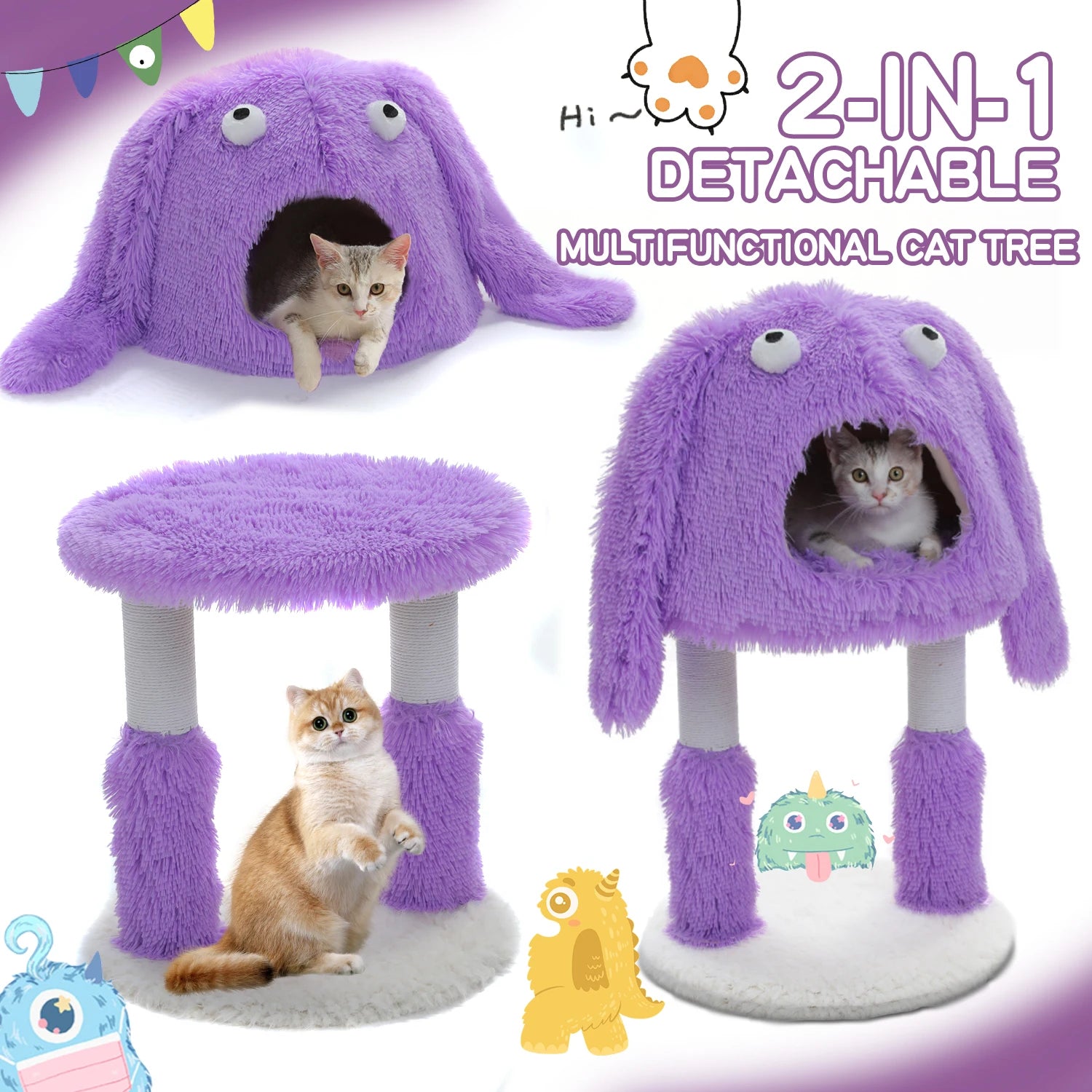 2 in 1 Cat Tree with Natural Sisal Scratching Posts, Cute Plush Small Cat Tower, Large Cat Condo for Indoor, Kitten Bed House