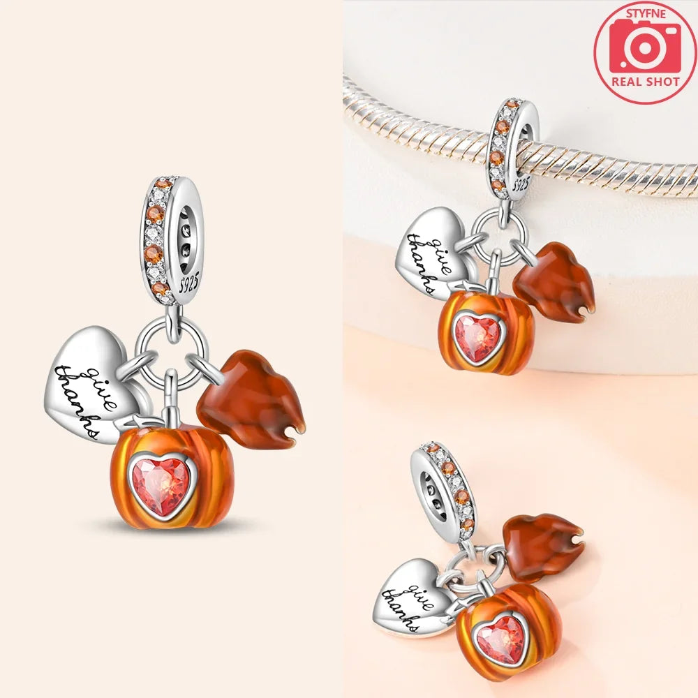925 Silver Original Yellow Luminous Pumpkin Cart Halloween Ghost Heart Charms Beads Fit Bracelet Jewelry Diy Women Birthday Gift