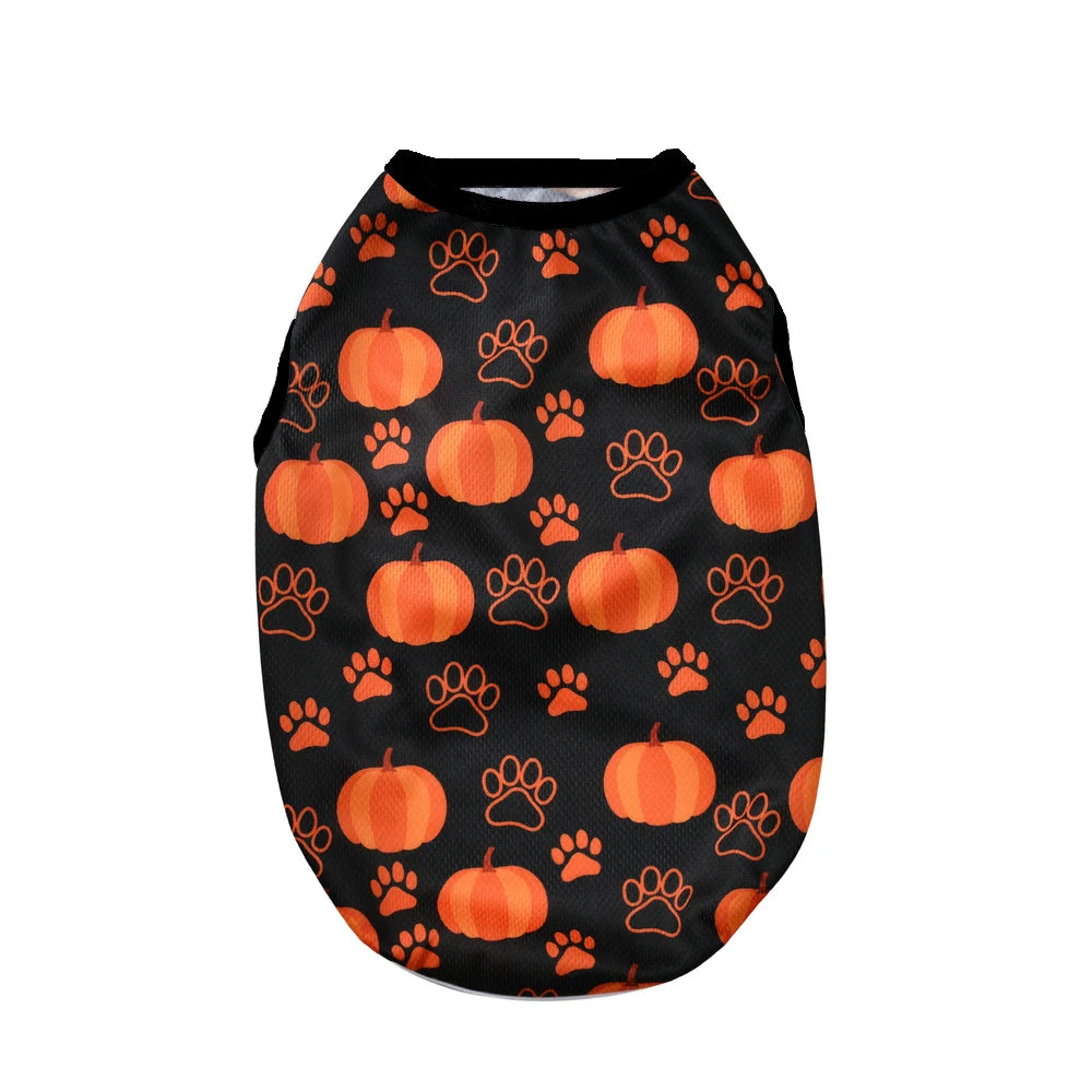 Halloween Pumpkin Print Dog Clothes For Small Medium Dogs Cats Breathable Pet T-shirt Chihuahua French Bulldog Puppy Costumes