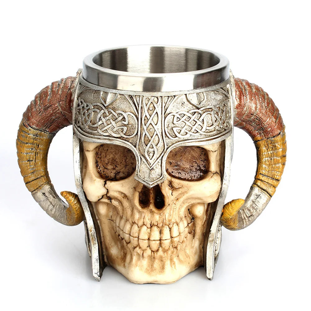 Creative 3D Skull Mug Viking Drinking Cup Resin Stainless Steel Beer Stein Tankard Coffee Mug Tea Cup Halloween Drinkware Gift
