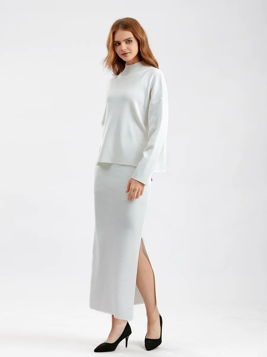Autumn Women Split Knitted Skirt Suit Fashion Casual Loose Sweater Long Skirts 2 Piece Set Women Outifits Elegant Winter NS5967