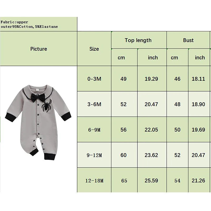 Suefunskry Baby Boy Halloween Romper Embroidery Bow Tie Long Sleeve Lapel Neck Button-up Fall Jumpsuit