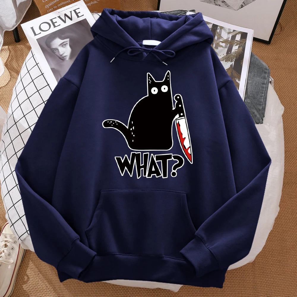 Autumn What Cute Little Black Cat Holding A Knife Print Men Hoodie Street Fleece Hoody Hipster Sweatshirt Hip Hop Woman Pullover