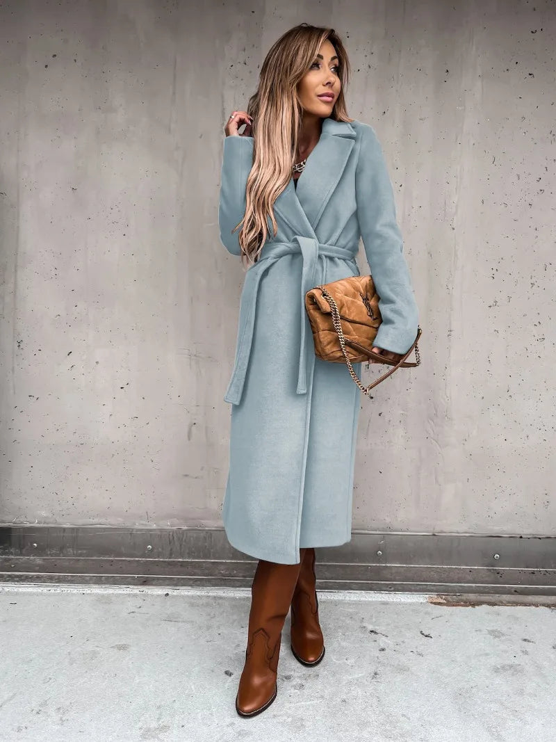 Autumn Winter Women Woolen Jacket Top Outwear Elegant Fashion Long Sleeve Lapel Collar Belt Trench Coat Overcoat Streetwear