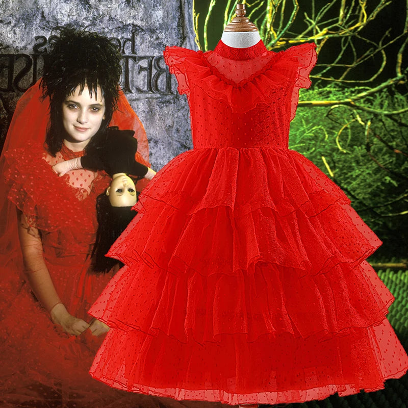 Lydia Deetz Red Horror Ghost Bride Cosplay Dress Girls Tulle Gown+Veil+Gloves For Kids Halloween Christmas Party Dress Up 3-14Y