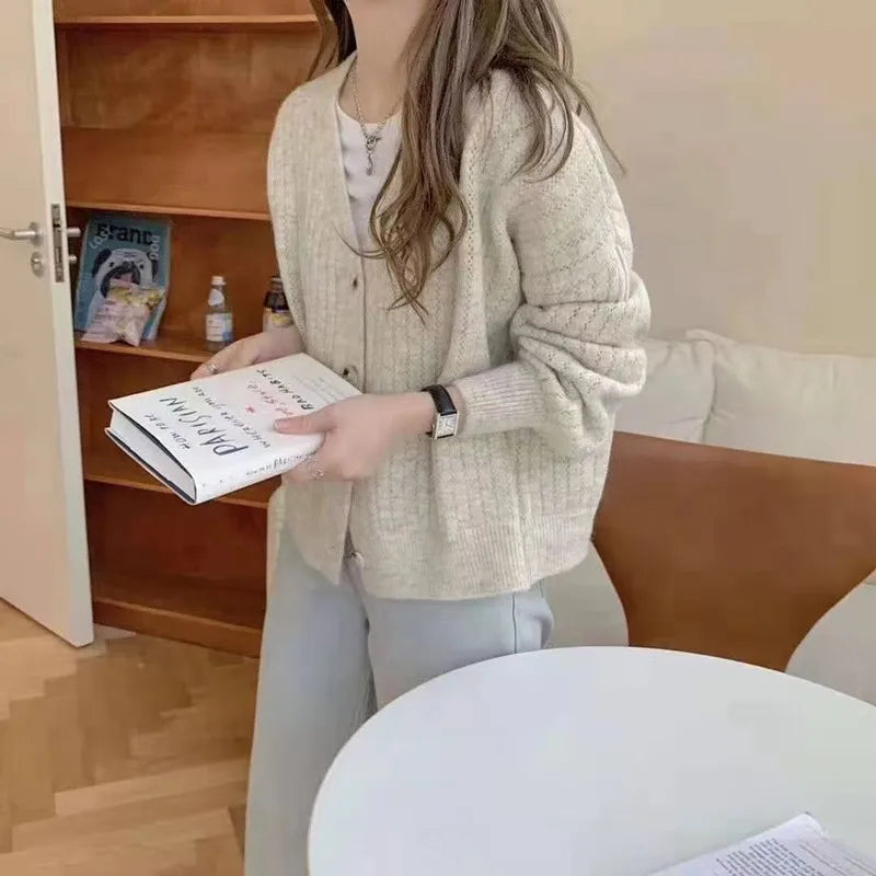 Autumn V Neck Elegant Cardigan Women Sweater New Fashion Loose Retro Knitted Jacket Versatile Solid Casual Office Gentle Coats