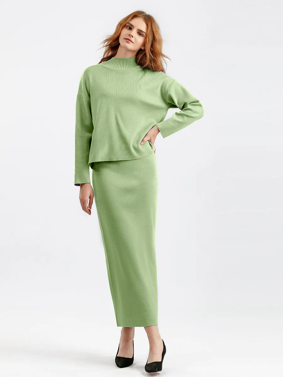 Autumn Women Split Knitted Skirt Suit Fashion Casual Loose Sweater Long Skirts 2 Piece Set Women Outifits Elegant Winter NS5967