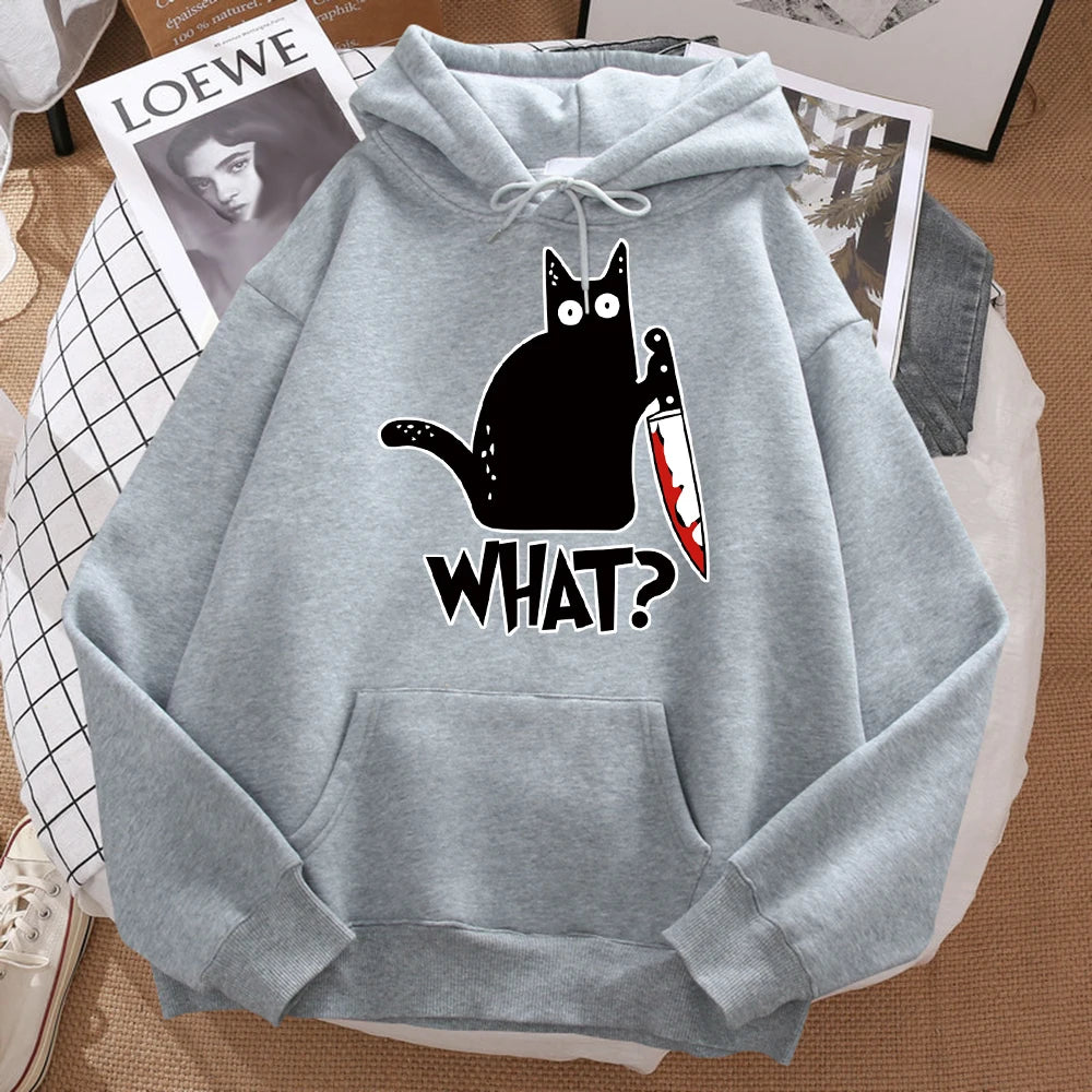 Autumn What Cute Little Black Cat Holding A Knife Print Men Hoodie Street Fleece Hoody Hipster Sweatshirt Hip Hop Woman Pullover