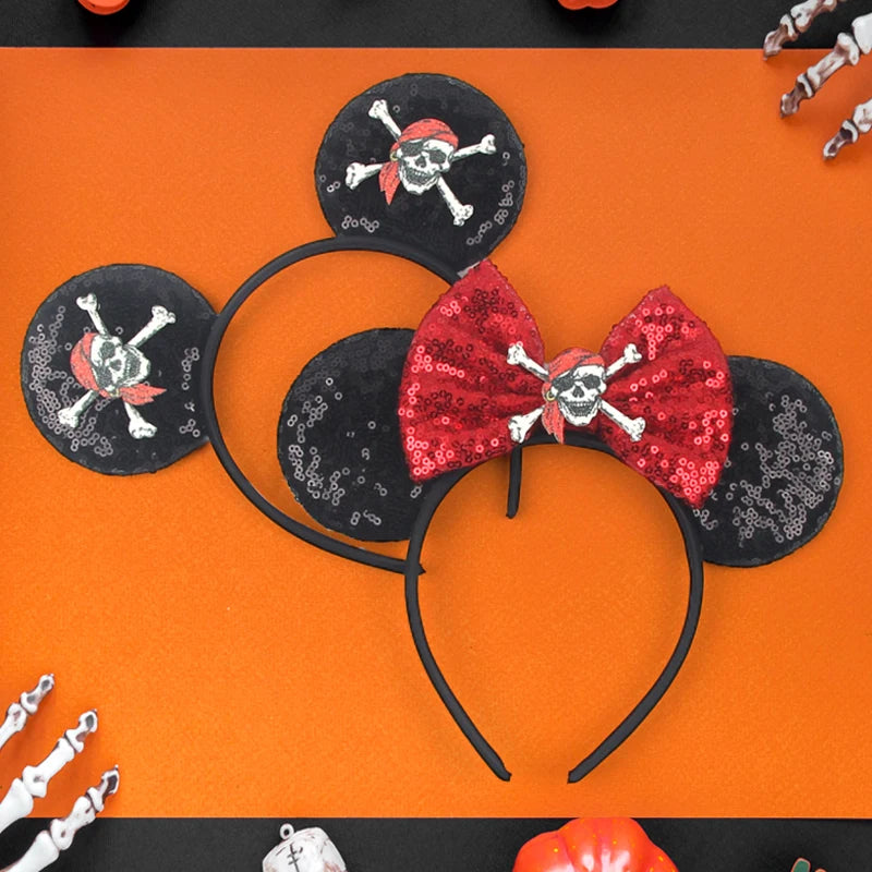 2025 Pirate Mickey Mouse Headband Bat Pumpkin Sequin Bow Halloween Disney Ears Hairband Festival Party Cosplay Hair Accessories