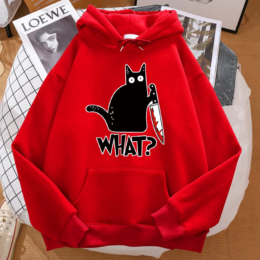 Autumn What Cute Little Black Cat Holding A Knife Print Men Hoodie Street Fleece Hoody Hipster Sweatshirt Hip Hop Woman Pullover
