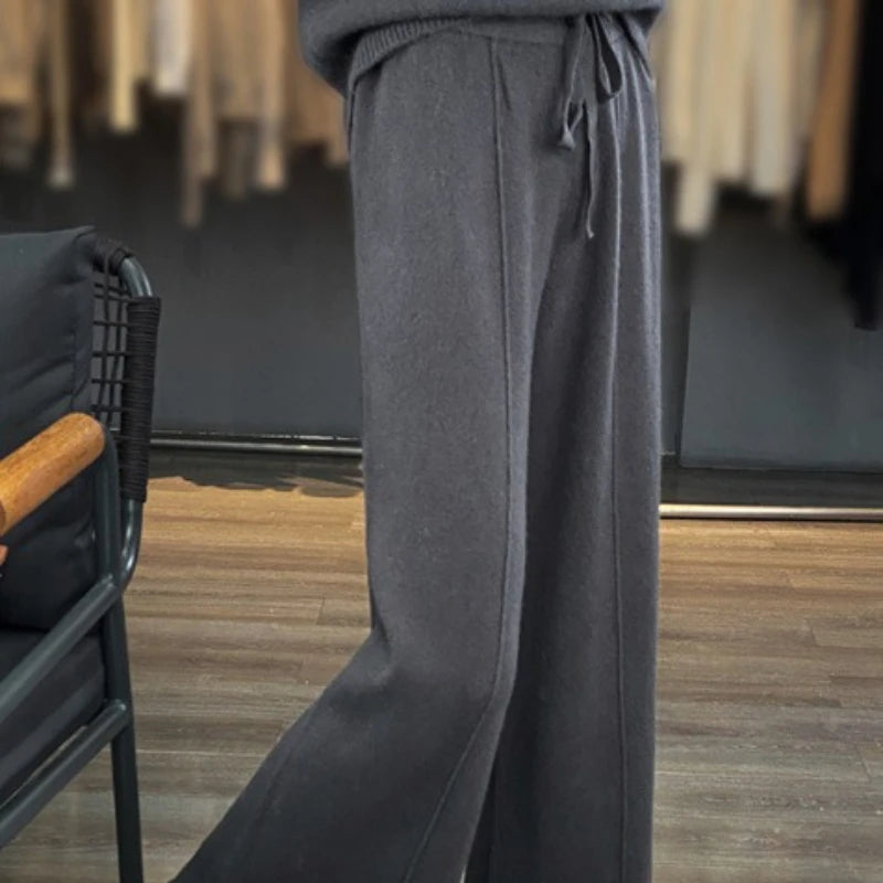 Autumn  New Korean Version Women's High-waisted Warm Knitted Wide-leg Straight-leg Pant Women's Solid-color Loose Wide-leg Pants