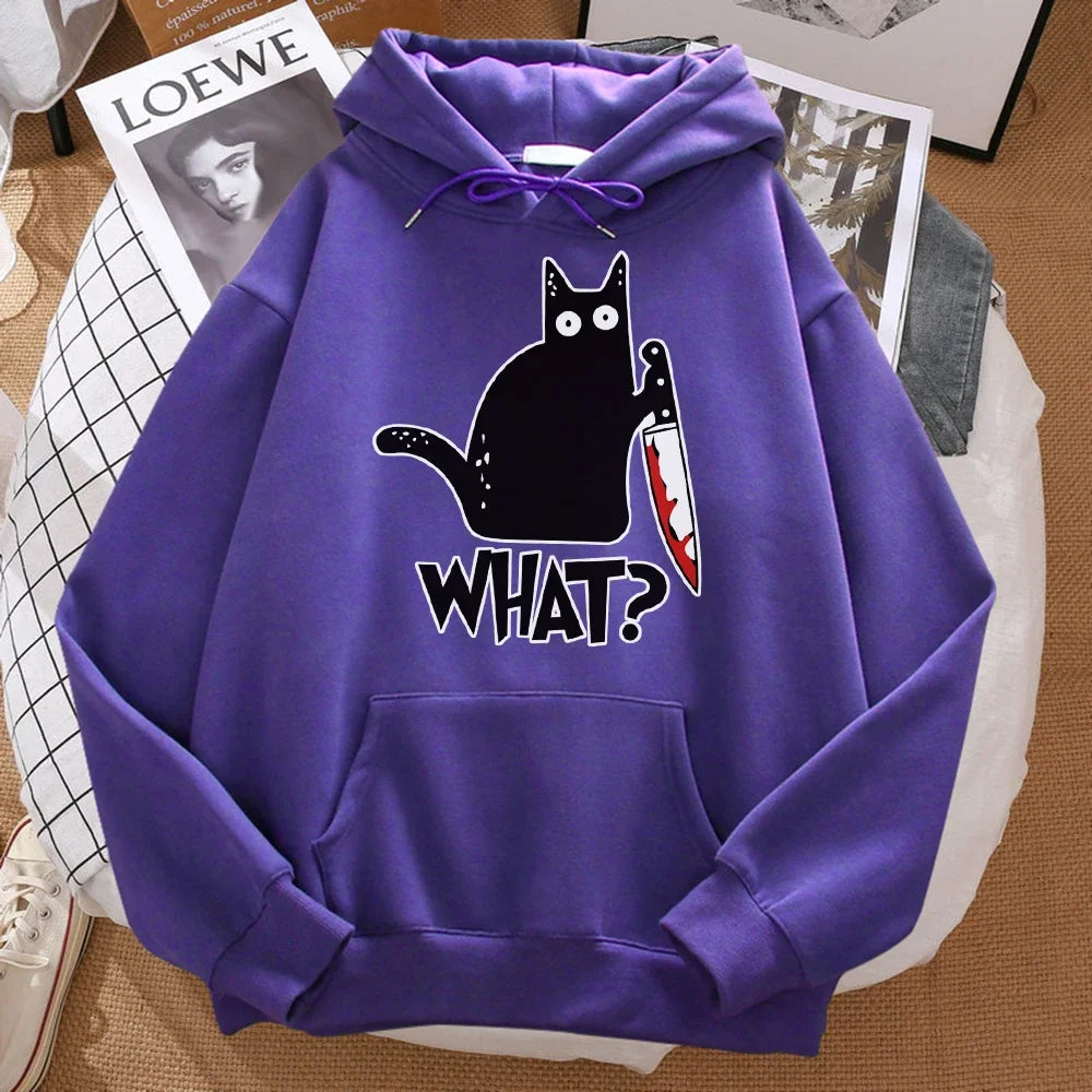 Autumn What Cute Little Black Cat Holding A Knife Print Men Hoodie Street Fleece Hoody Hipster Sweatshirt Hip Hop Woman Pullover