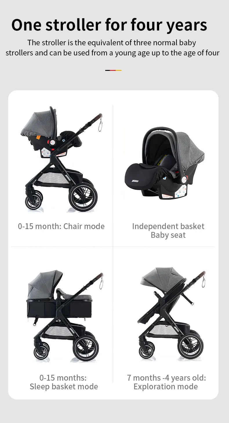 New Luxury Baby Stroller 3 in 1 Portable Travel Baby Carriage Fold Pram High Landscape Aluminum Frame Newborn Infant Stroller