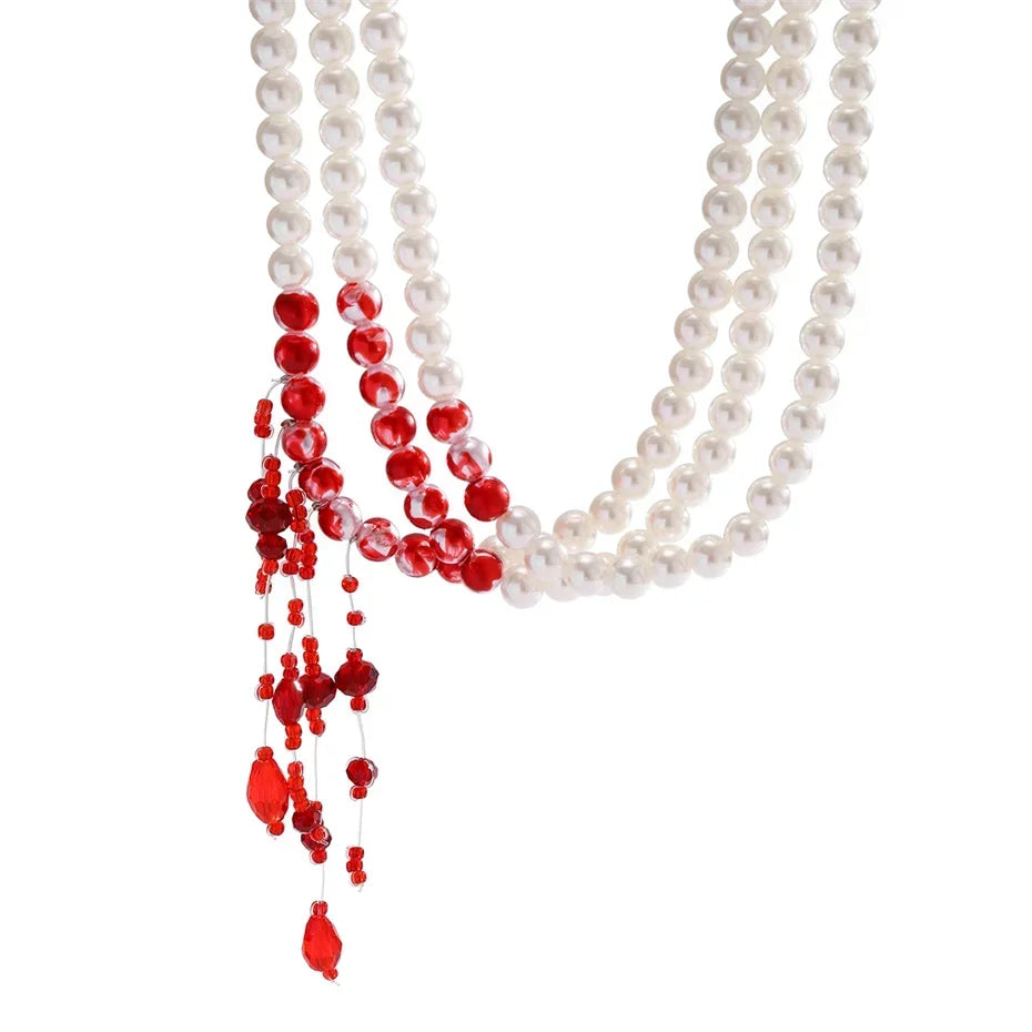 Multilayer Vintage Red Blood Pattern Imitation Pearl Tassel Pendant Necklace for Women Goth Crystal Bead Chain Halloween Jewelry