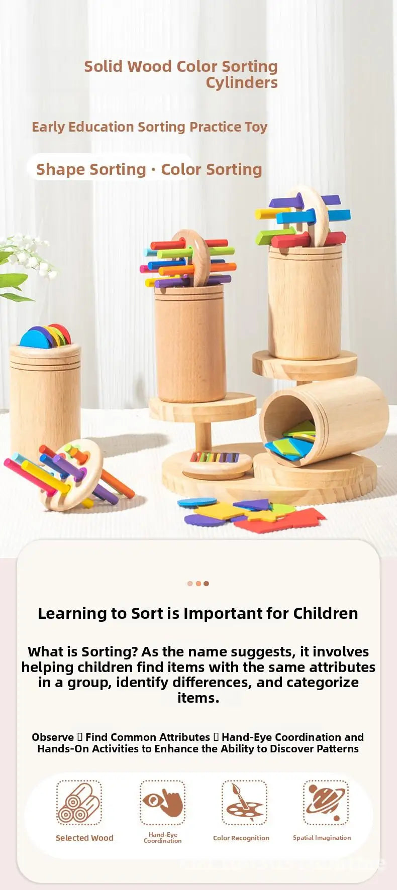 Montessori Wooden Early Education Toys for Babies 0-3 Years Rainbow Color Shape Matching Building Blocks for Intellectual