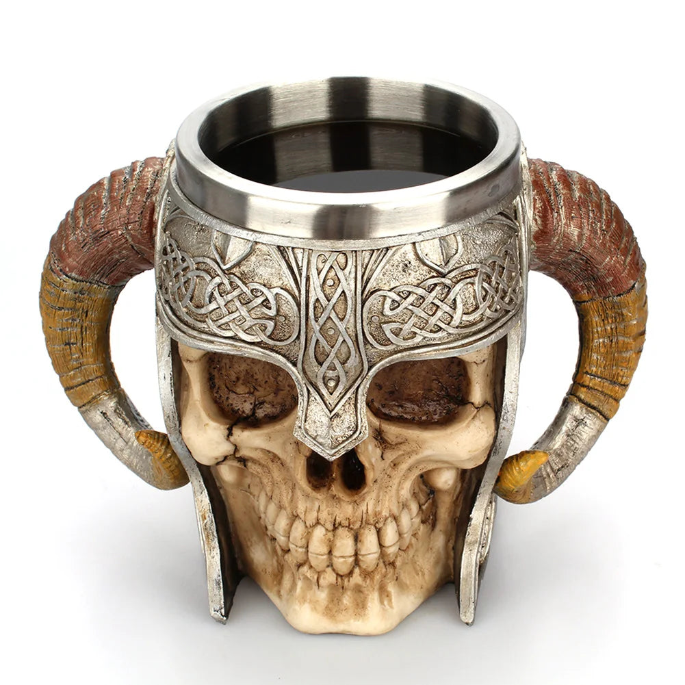 Creative 3D Skull Mug Viking Drinking Cup Resin Stainless Steel Beer Stein Tankard Coffee Mug Tea Cup Halloween Drinkware Gift