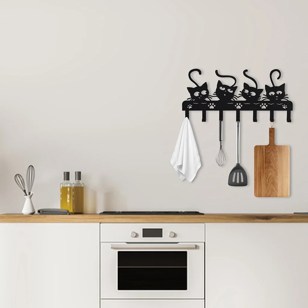 CIFBUY Black Cats Wall Hooks Key Holder Halloween Cats Decorative Hooks Rack Hangers Iron Hook Wall Mounted Hooker With 7 Hooks