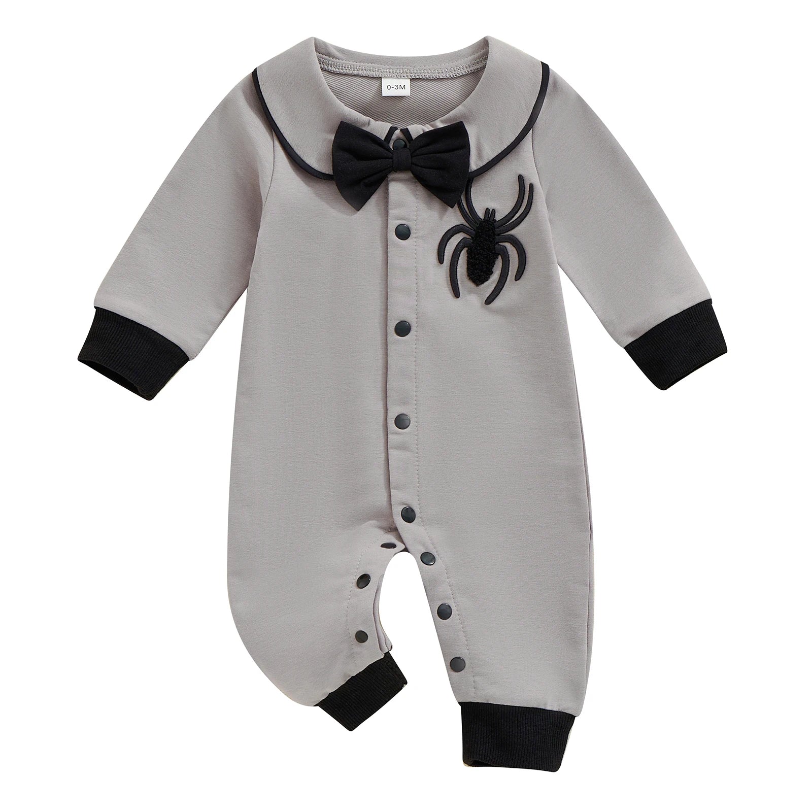Suefunskry Baby Boy Halloween Romper Embroidery Bow Tie Long Sleeve Lapel Neck Button-up Fall Jumpsuit