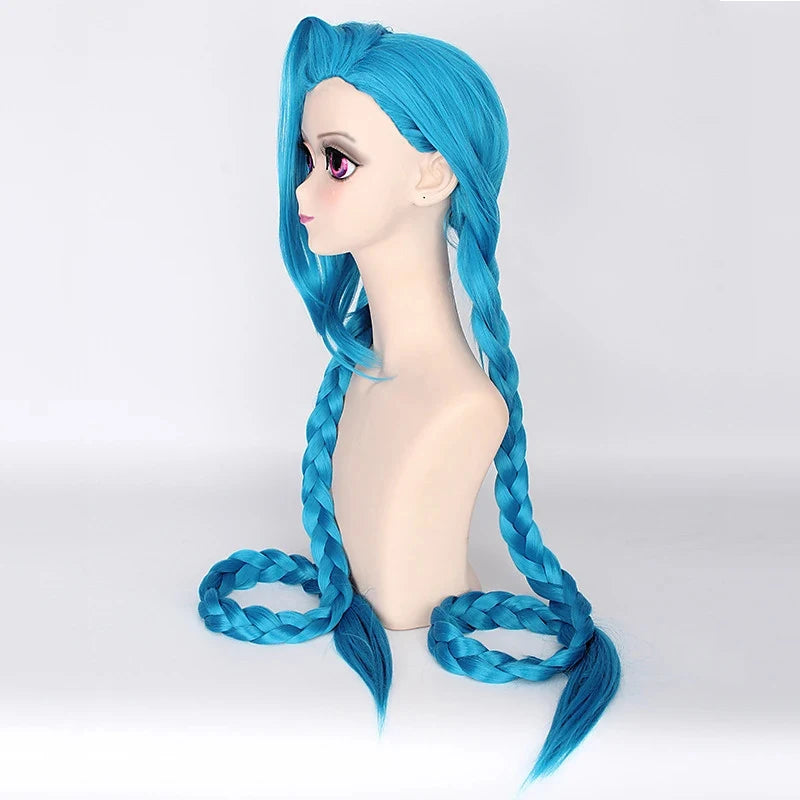 HAIRJOY Cosplay Lol Jinx 100cm Long Blue with Double Braids  Halloween  Anime Costume Wig Heat Resistant Synthetic Hair