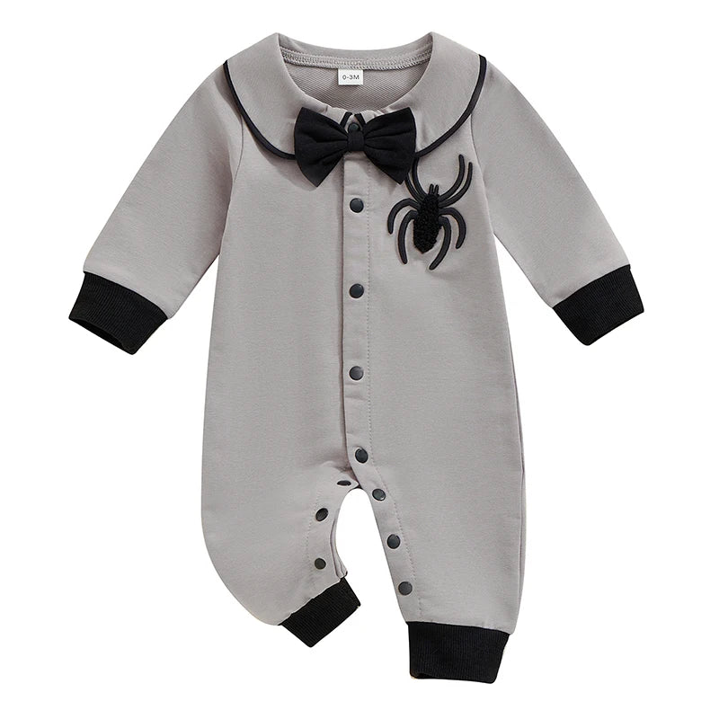 Suefunskry Baby Boy Halloween Romper Embroidery Bow Tie Long Sleeve Lapel Neck Button-up Fall Jumpsuit
