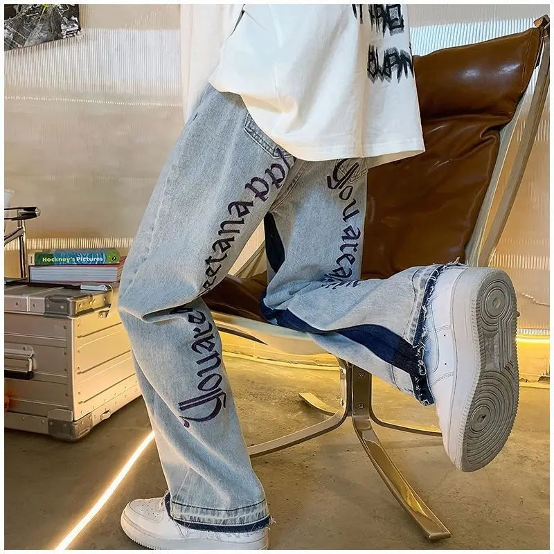 2025 European Men's jeans Neutral Wide Leg Denim Trousers Loose Straight letter print Baggy Man Jean Pants Casual Baggy hip hop