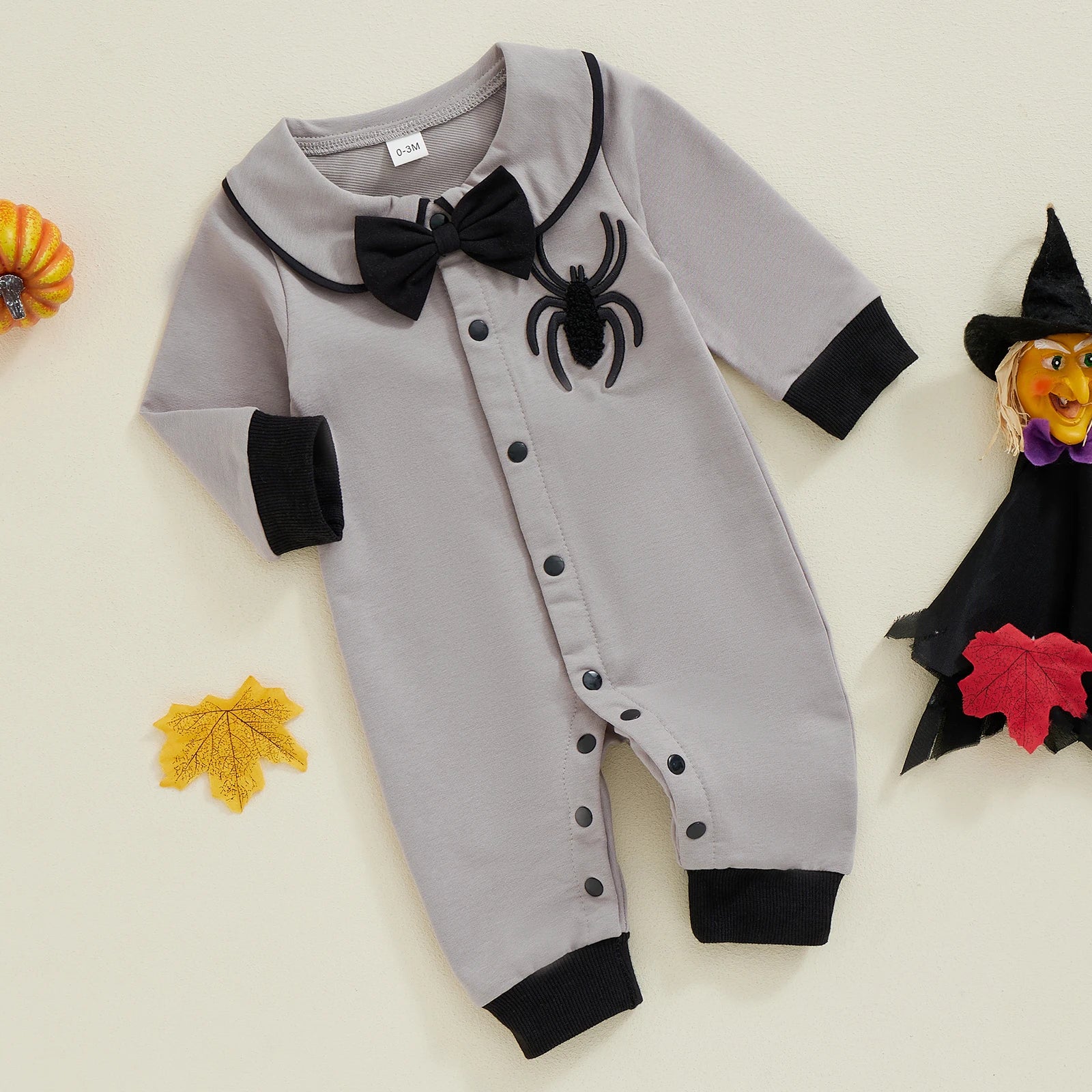 Suefunskry Baby Boy Halloween Romper Embroidery Bow Tie Long Sleeve Lapel Neck Button-up Fall Jumpsuit