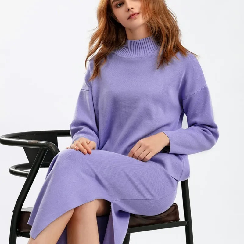 Autumn Women Split Knitted Skirt Suit Fashion Casual Loose Sweater Long Skirts 2 Piece Set Women Outifits Elegant Winter NS5967