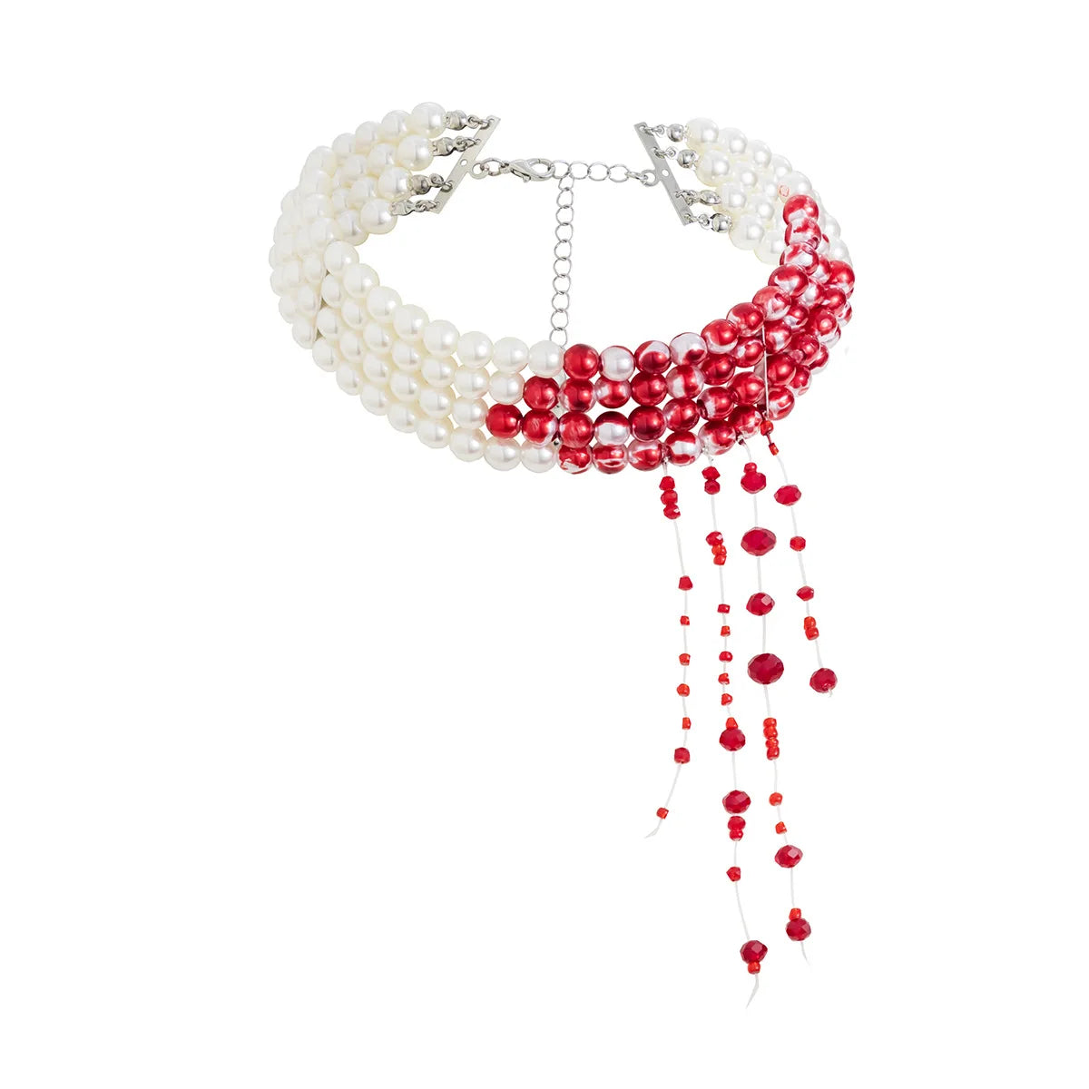 Multilayer Vintage Red Blood Pattern Imitation Pearl Tassel Pendant Necklace for Women Goth Crystal Bead Chain Halloween Jewelry