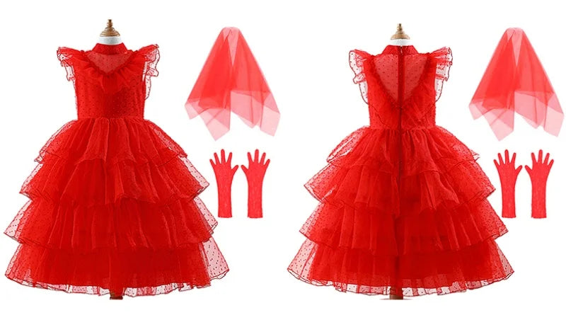 Lydia Deetz Red Horror Ghost Bride Cosplay Dress Girls Tulle Gown+Veil+Gloves For Kids Halloween Christmas Party Dress Up 3-14Y