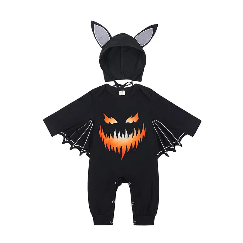 2025 Baby Halloween Romper Print Hat+Romper Bat Cosplay Costume Bag Gift Boy Girl Bone Pumpkin Bodysuit Vampire Clothes