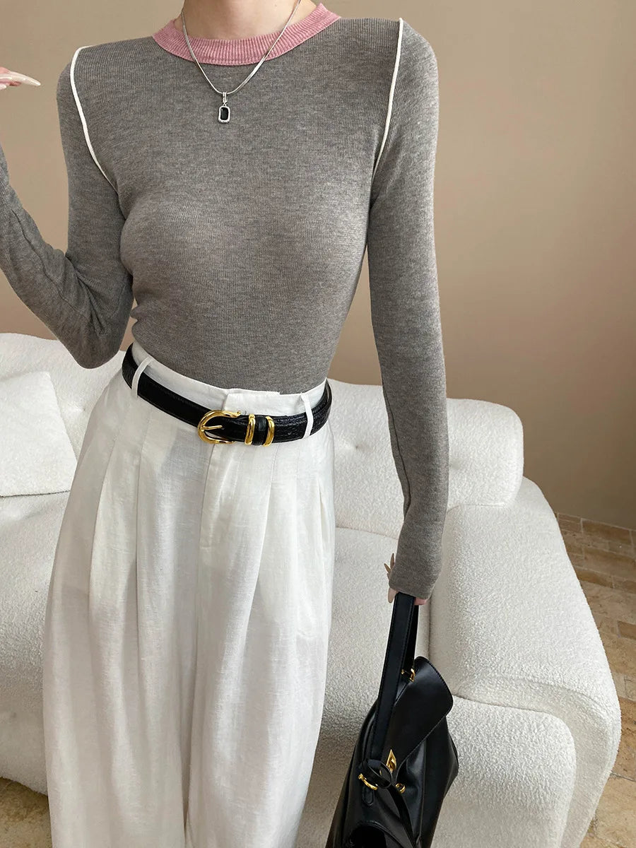 Autumn color palette design, contrasting colors, front shoulder streamlined, slim fit, slimming effect, base knit sweater