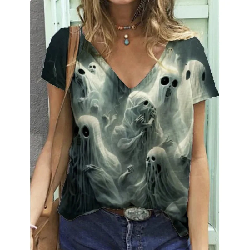 Halloween Cat Ghost 3D Print T-Shirts Women Casual V-Neck Short Sleeve T Shirt Y2k Tops Harajuku Oversized Tees Woman Clothing