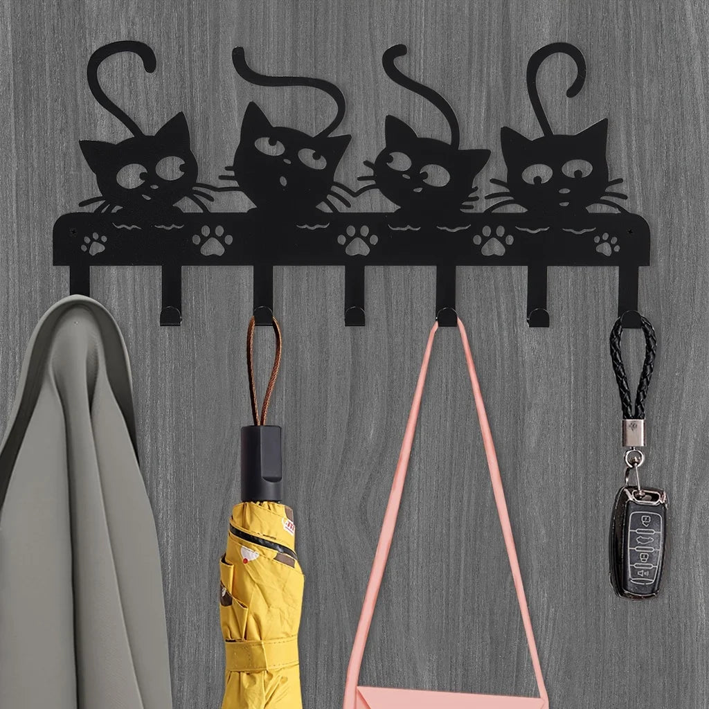CIFBUY Black Cats Wall Hooks Key Holder Halloween Cats Decorative Hooks Rack Hangers Iron Hook Wall Mounted Hooker With 7 Hooks