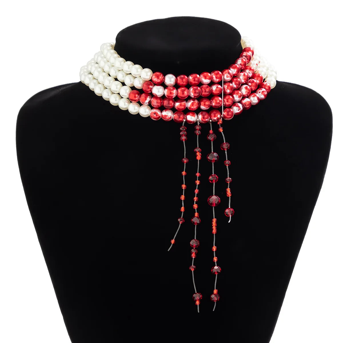 Multilayer Vintage Red Blood Pattern Imitation Pearl Tassel Pendant Necklace for Women Goth Crystal Bead Chain Halloween Jewelry