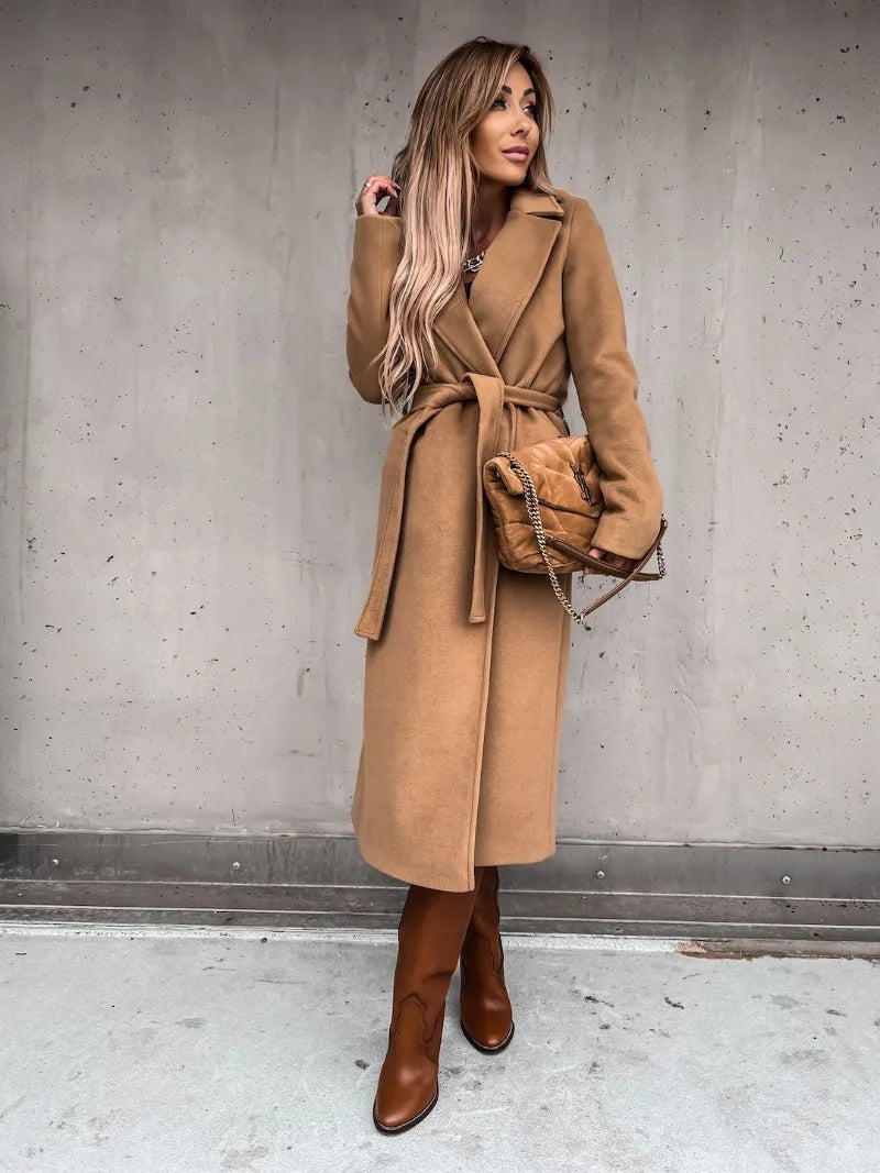 Autumn Winter Women Woolen Jacket Top Outwear Elegant Fashion Long Sleeve Lapel Collar Belt Trench Coat Overcoat Streetwear