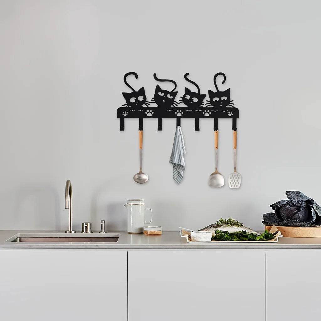 CIFBUY Black Cats Wall Hooks Key Holder Halloween Cats Decorative Hooks Rack Hangers Iron Hook Wall Mounted Hooker With 7 Hooks