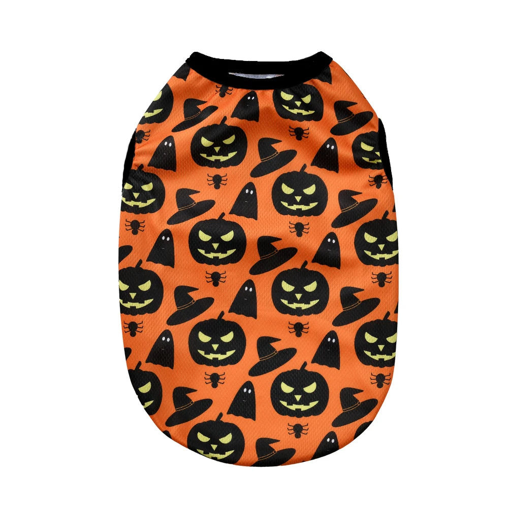 Halloween Pumpkin Print Dog Clothes For Small Medium Dogs Cats Breathable Pet T-shirt Chihuahua French Bulldog Puppy Costumes